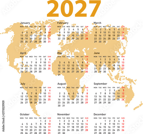 2027 calendar with world map background on white background