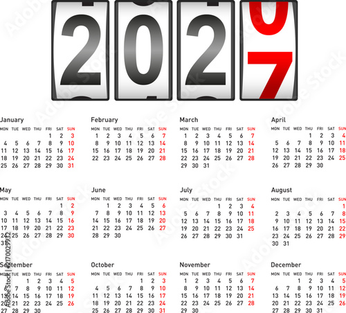 2027 calendar with number 2027 displayed on car odometer