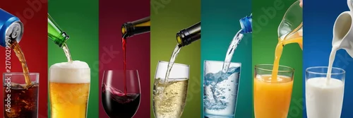 Panel kuchenny z motywem Collage of various drinks being poured into glasses against colorful backgrounds