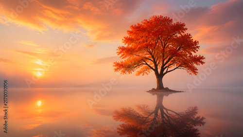 red autumn tree standing on tiny island floating in calm water under warm sunset sky