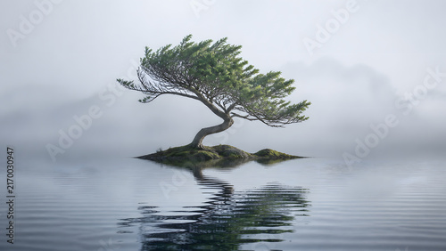 windswept pine tree growing on small rock island floating in calm foggy misty lake water