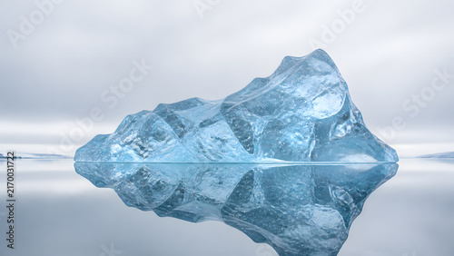 crystal clear blue iceberg floating in calm still water under soft cloudy overcast sky above