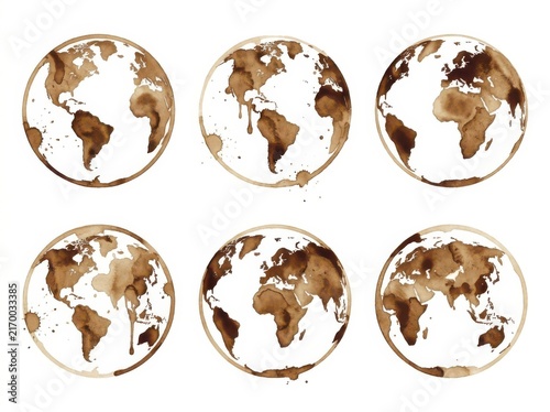 Six Artistic Coffee Stain World Map Globes Isolated On A White Background