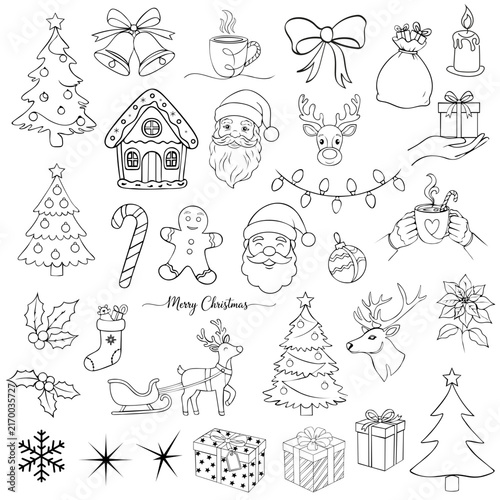 Christmas doodle outline set, winter holiday line art elements collection, hand drawn festive vector icons