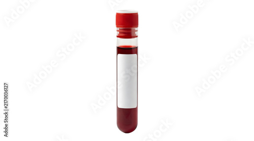 Medical blood test tube with red cap and blank label isolated on transparent background