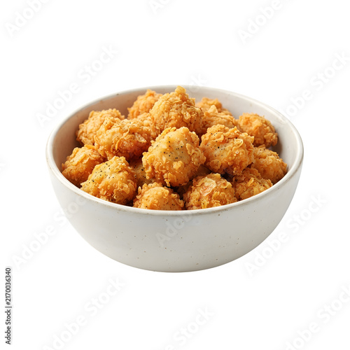 A bowl filled with crispy golden fried popcorn chicken bites, isolated on transparent background