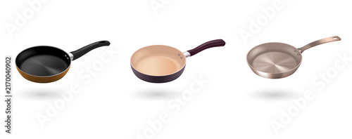 Canvas Print Empty non-stick frying pans in different colors transparent background