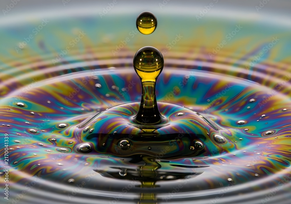 Naklejka premium Macro photograph of a colorful water drop impact creating ripples and crown