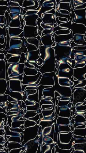 Looping animation of abstract liquid distortion texture with iridescent holographic reflection on black background, seamless loop