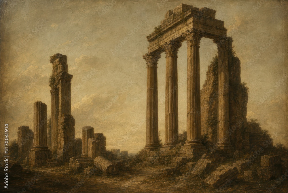 Fototapeta premium Ancient ruined temple with tall stone columns under a warm, hazy sky.