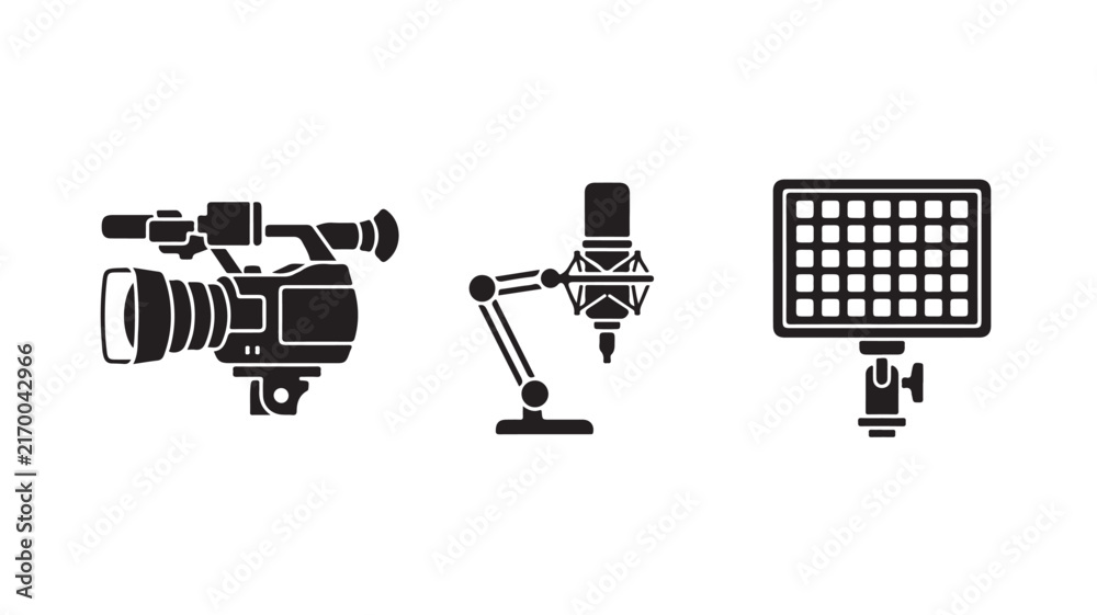 Fototapeta premium Professional video camera microphone and studio light silhouettes arranged for media production and content creation projects