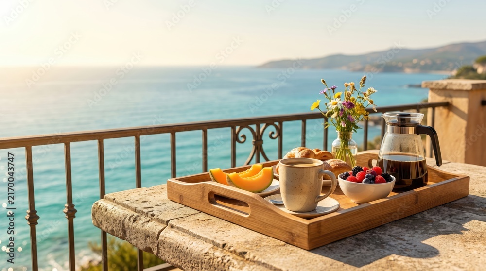 Fototapeta premium delicious breakfast tray with coffee, croissants, fresh fruit and flowers on balcony table overlooking blue sea. summer vacation, luxury resort holiday. copyspace, banner, website header.