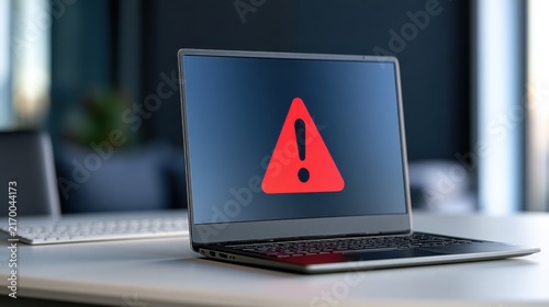 Laptop computer displaying a red warning symbol on the screen, placed on a white desk with a blurred keyboard and office background visible