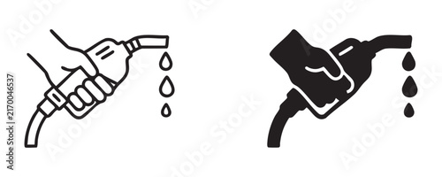 Hand holding gasoline pump nozzle with dripping fuel drops in line art style.