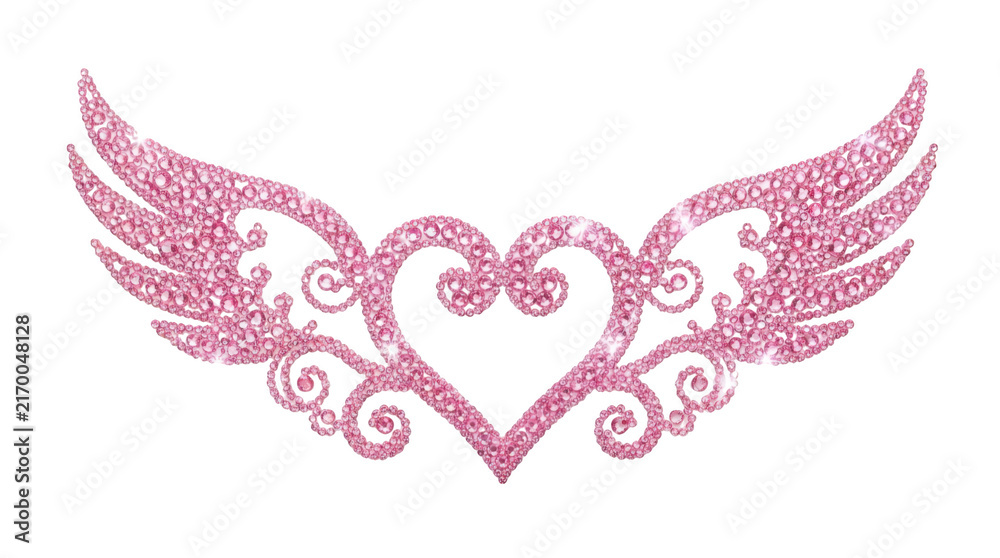 Fototapeta premium Sparkling pink crystal heart with decorative wings isolated on transparent background