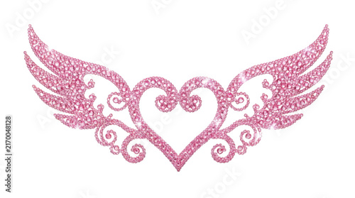 Sparkling pink crystal heart with decorative wings isolated on transparent background