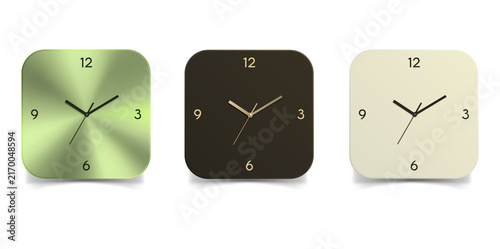 Fotografie Three square clocks in different metallic finishes on transparent background