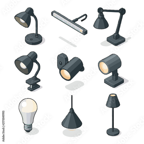 Desk led isometric icons icon adjustable light hanging spotlight smart wall vector