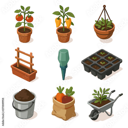 Mini icons container pot planter plant vector gardening hanging spike icon bag