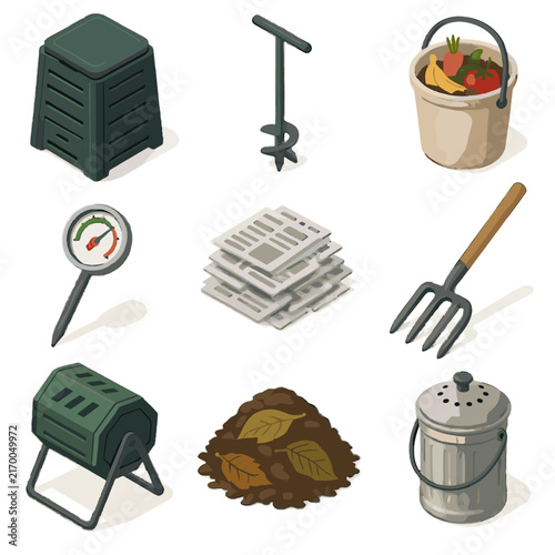 Vector shredded scrap icon compost pile decomposing leaf pail tools newspaper icons