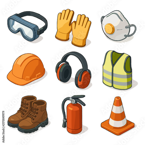 Garage extinguisher safety icon vest helmet protection gloves vector reflective hearing