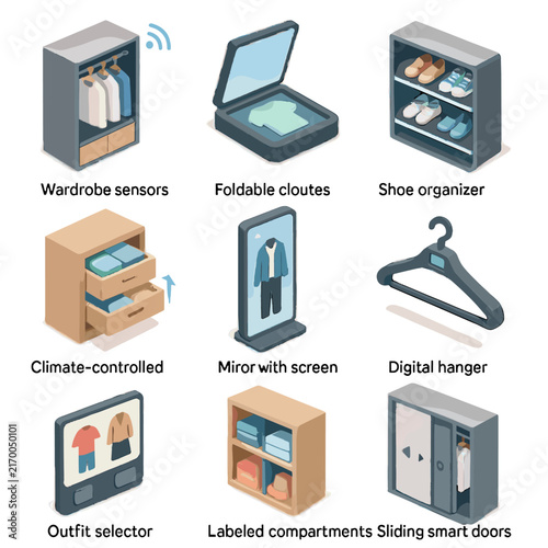 Vector drawers foldable icon wardrobe smart sensors digital closet organizer screen