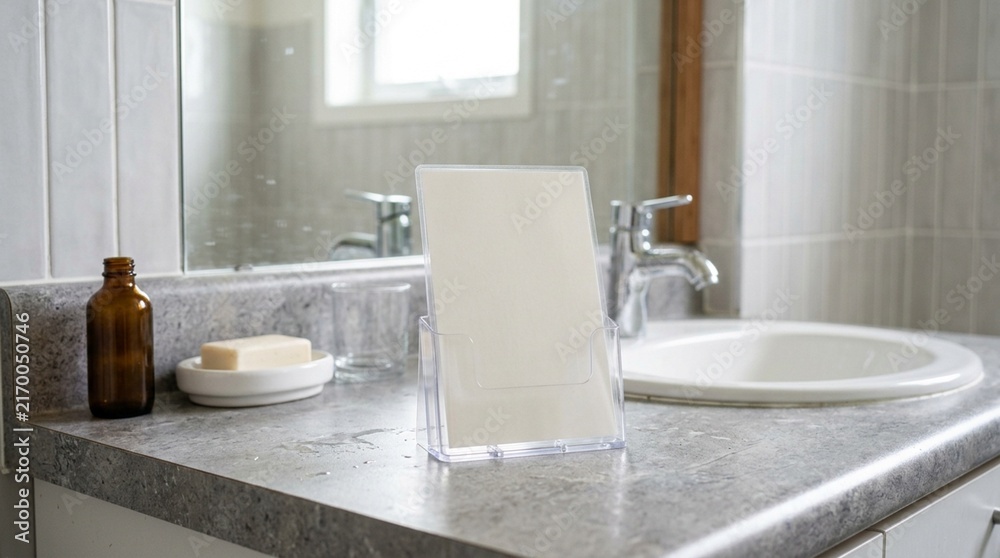 Fototapeta premium Urine Collection Instructions Card resting blank on the counter – Macro Close-Up | Urine Specimen Collection Stock Photo, No People