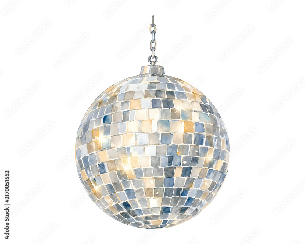 Fototapeta premium Shiny disco ball hanging on a chain isolated on white background for party decoration