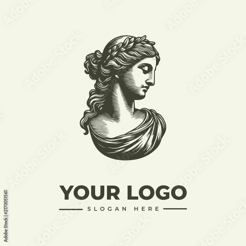 Elegant vintage logo design featuring a classical Greek goddess bust illustration.