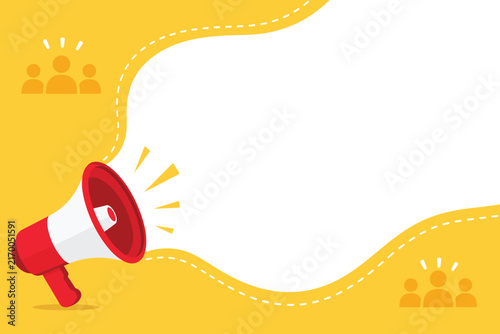 Megaphone announcement vector background. Red bullhorn with speech bubble. Yellow marketing banner for social media ads.