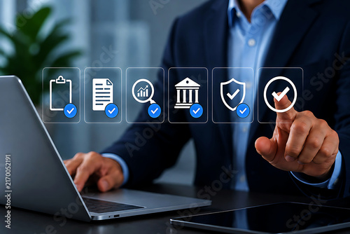 Businessman touching a digital interface with for clipboard, document, search, bank, shield, and checkmark in a office setting