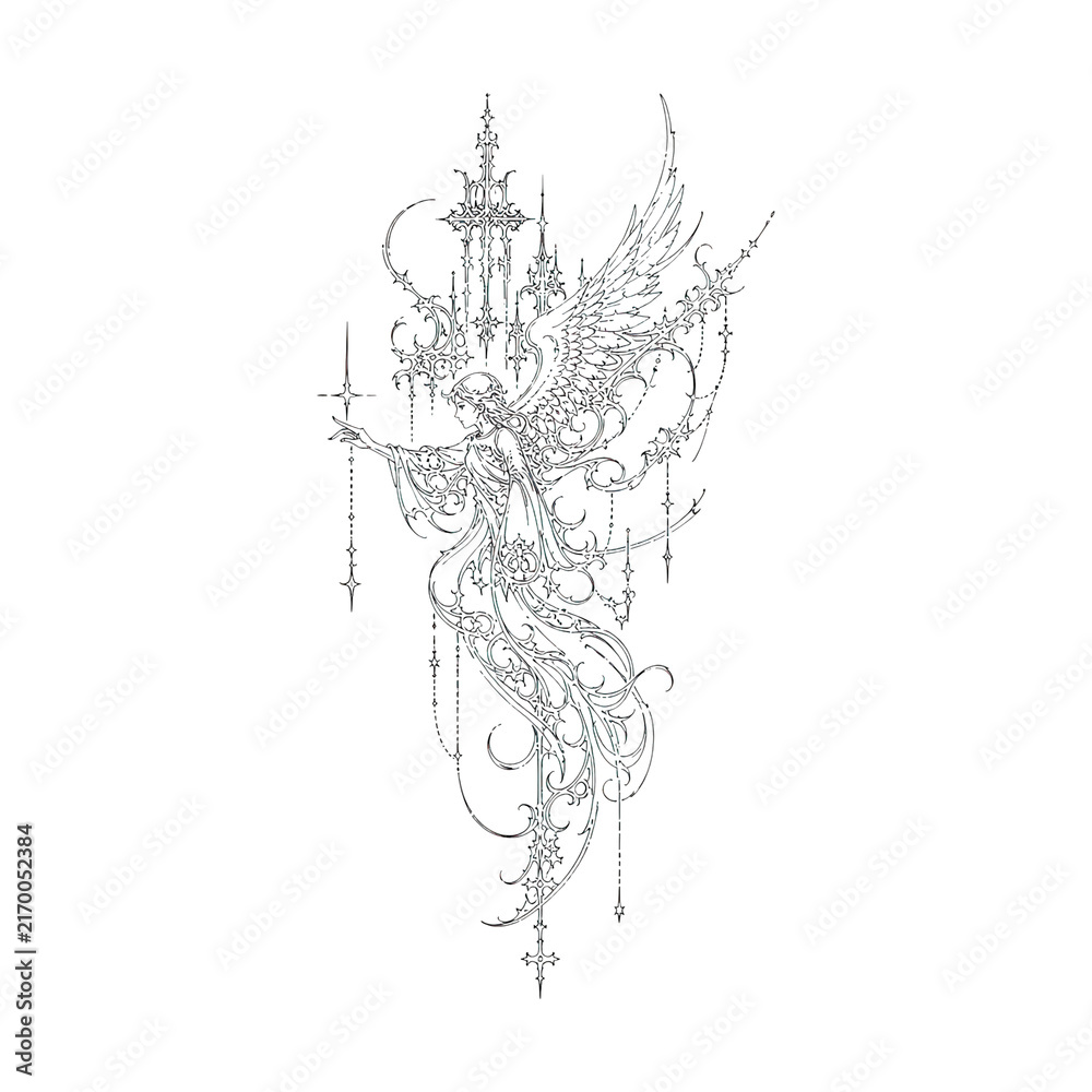 Fototapeta premium PNG Intricate gothic angel illustration with ornate abstract decorative design