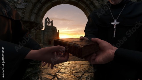 Hands receiving communion wafer at sunrise in ancient stone church interior with cross and light rays
