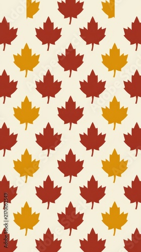 Seamless vertical pattern of red and yellow maple leaves on a light cream background