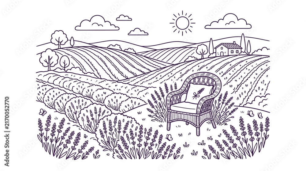 Obraz premium Line art lavender field landscape with wicker chair