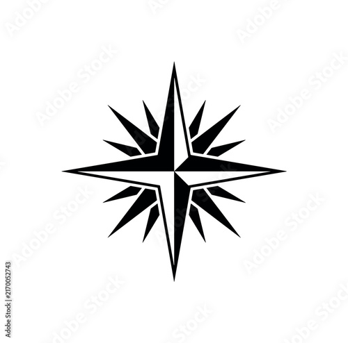Black compass star burst symbol on a white background