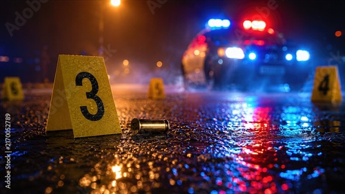Police Crime Scene With Evidence Markers and Bullet Casing on Wet Street at Night