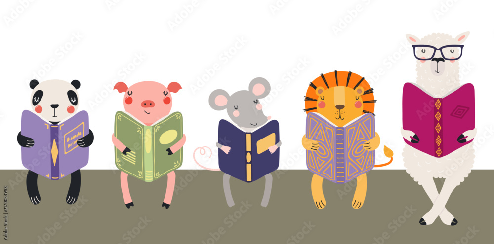 Naklejka premium Cute animals reading books illustration. Back to school, education, literature concept. Library, bookshop, classroom design element, clip art. Hand drawn vector cartoon characters