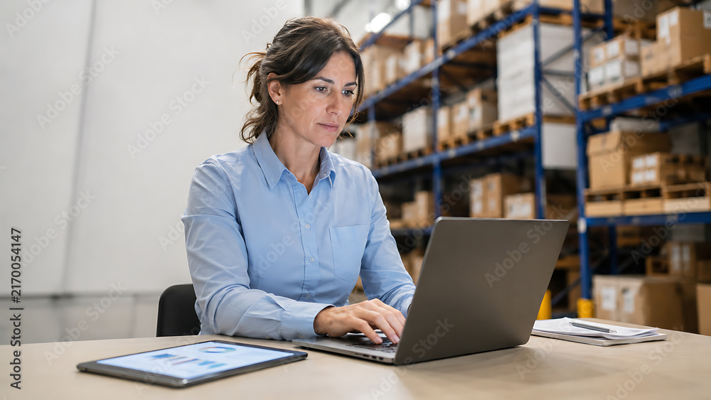 Fototapeta premium Supply Chain Analyst Working on Laptop in Warehouse