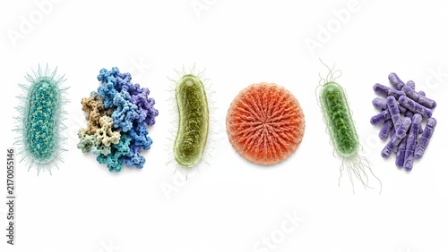 Plastic recycling bacteria and engineered enzyme structures isolated on white, visualizing microbial PET biodegradation, polymer breakdown, bioremediation and biotechnology for waste treatment