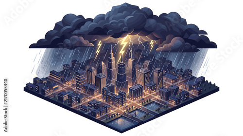 Isometric city during a severe thunderstorm with lightning