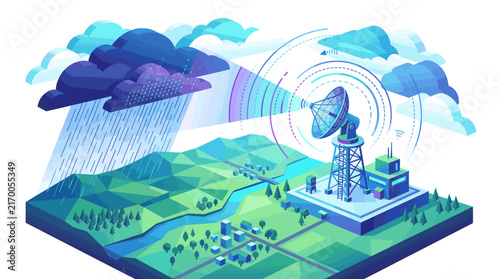 Isometric radar station tracking rain clouds illustration