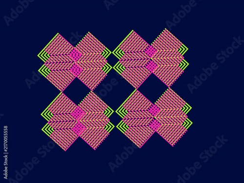 Tilted Grid of Squares Pattern, Stylized Geometric Flowers, Magenta & Chartreuse, Op-Art Style, Optical Illusion Design.