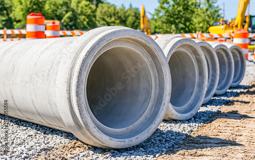 Large concrete pipes on gravel at road construction site