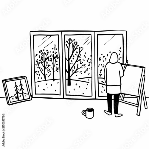 Autumn vacation: Artist painting at panoramic window with forest view, coffee cup, canvas