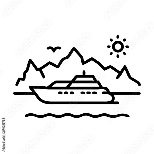 Cruise ship sailing on calm lake among autumn mountains in sunny weather