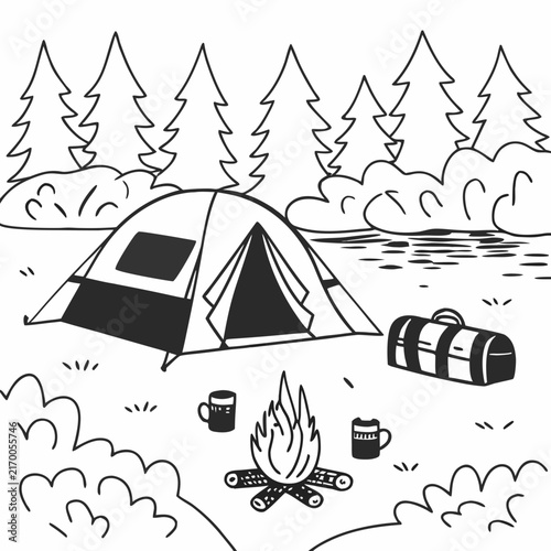 A tent by the lake in an autumn forest, a campfire, the reflection of trees in the water, a cozy atmosphere.
