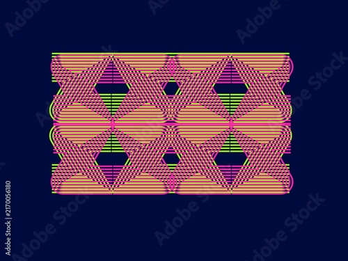 Elongated Hexagonal Lattice Pattern, Layered Geometric Construction, Pink-to-Orange Gradient & Green, Modern Wallpaper Design.