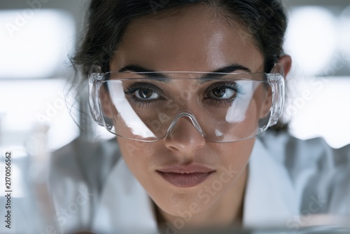 Scientist wearing protective goggles observing experiment in laboratory
