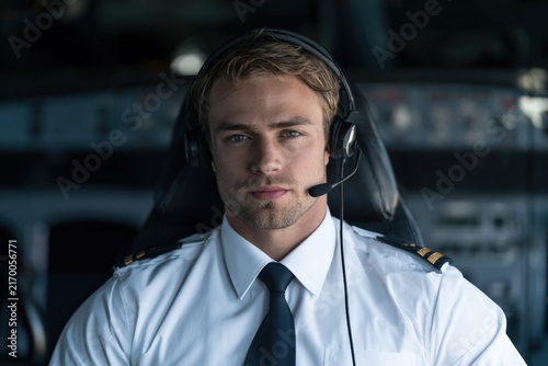 Young male pilot wearing headset sitting in airplane cockpit